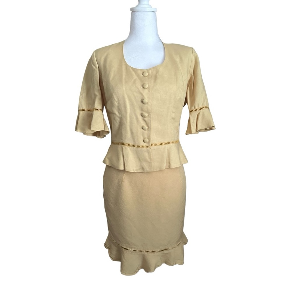 Vintage Jacket & Skirt Set Branka Klarige Mustard Rayon Womens Size 4